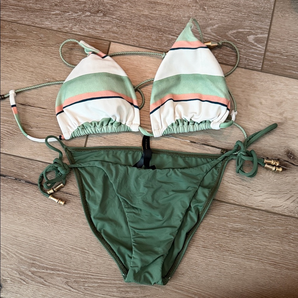 Chic Green and White Striped Bikini Set